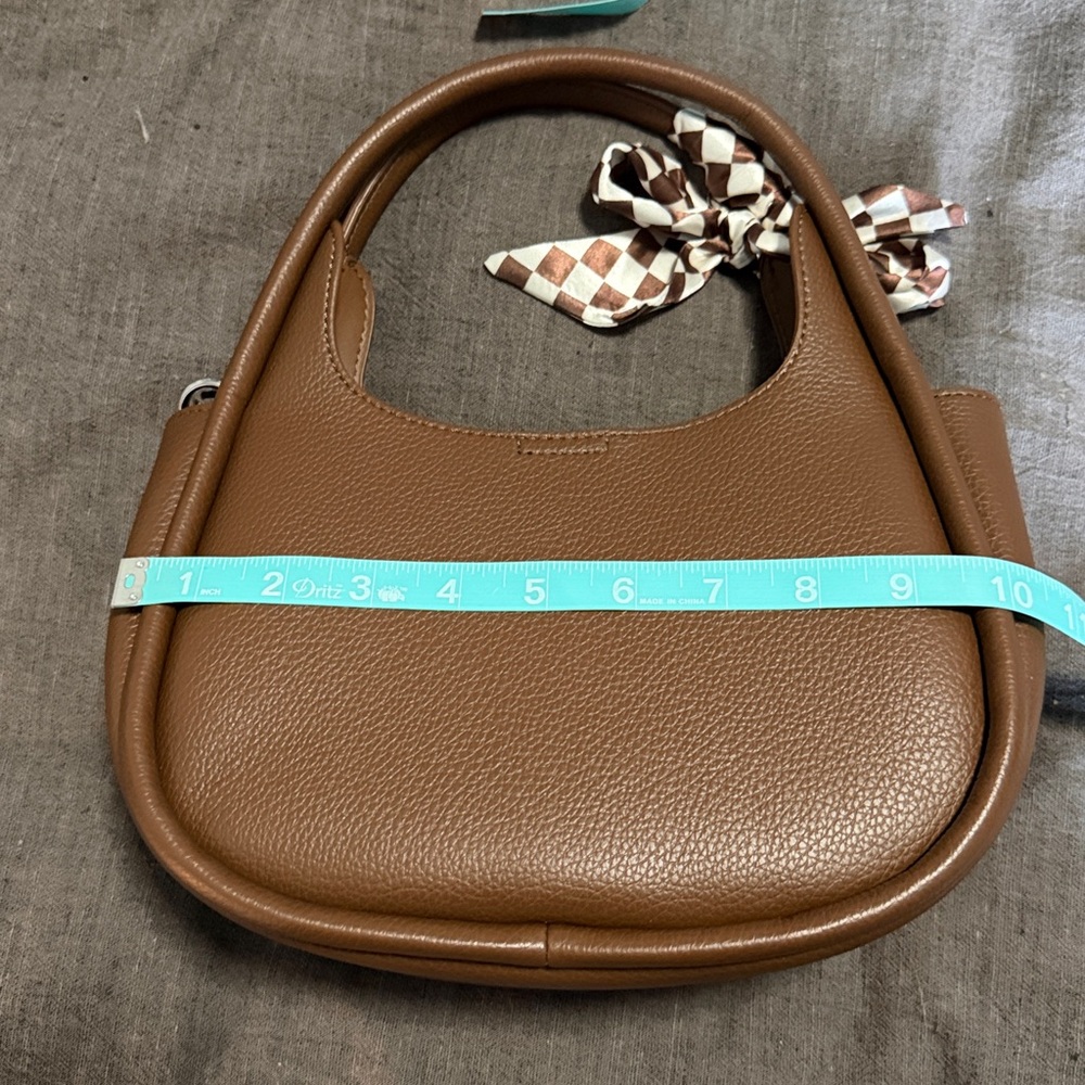 Brown Leather Handbag with Checkered Scarf